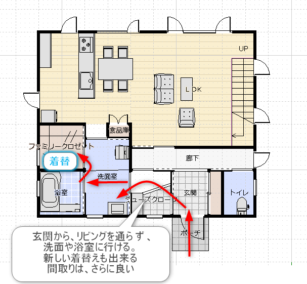 玄関と洗面が近い動線のライフホーム設計の間取り図