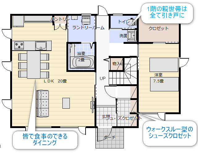 同居型2世帯住宅の1階の間取り図