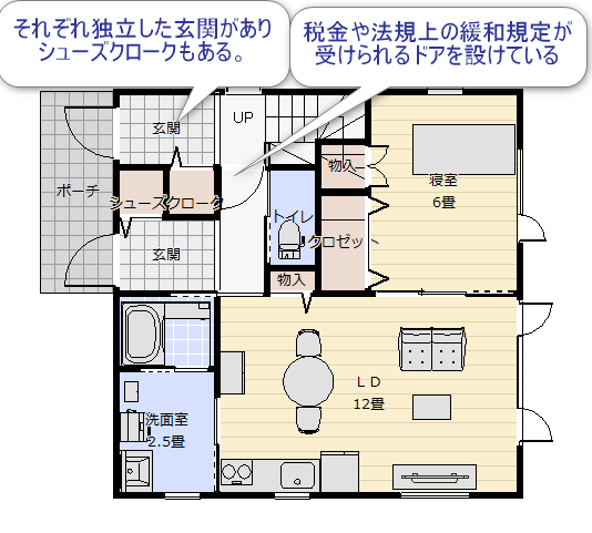 3階建の完全分離型の2世帯住宅の1階の間取り図