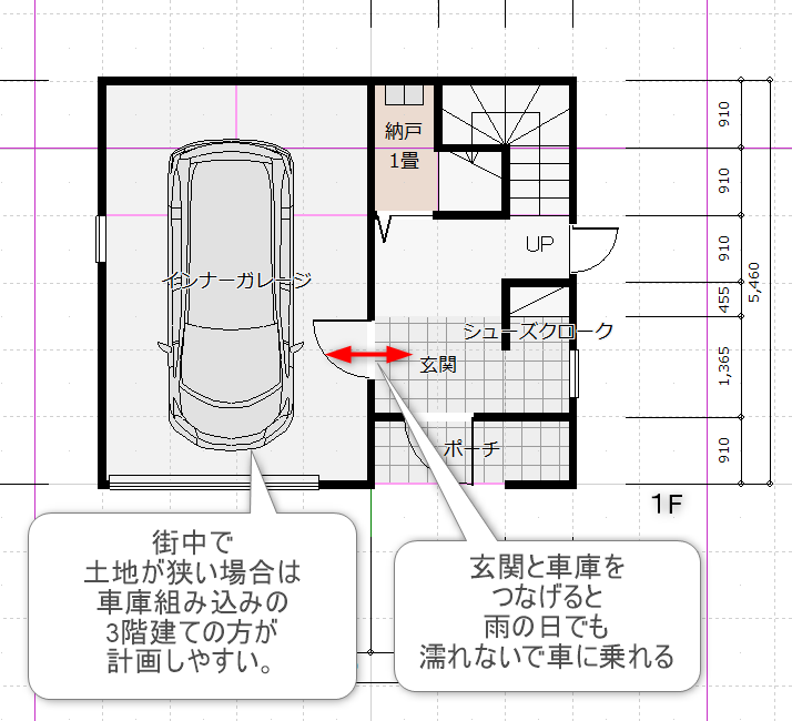 一人暮らしの3階建て住宅の組み込み車庫のある間取り図