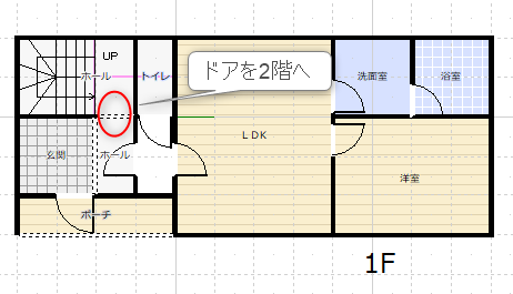 玄関ホールにドアがない２世帯住宅の１階の間取り