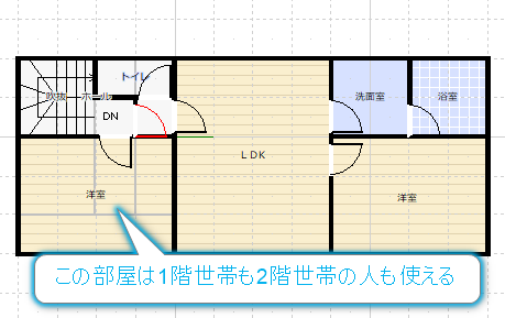２世帯住宅で税金が軽減できる間取りの、２階の共有の部屋があるプラン図面