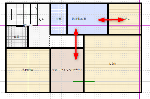 キッチンと洗面所とウォークインクロゼットの動線が短い間取り図