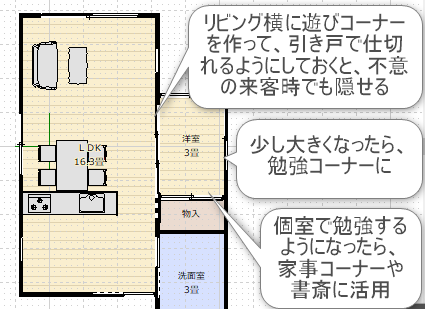 リビング横に遊びコーナーのある間取り図