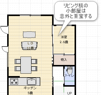 リビング横に小部屋のある間取りの設計図