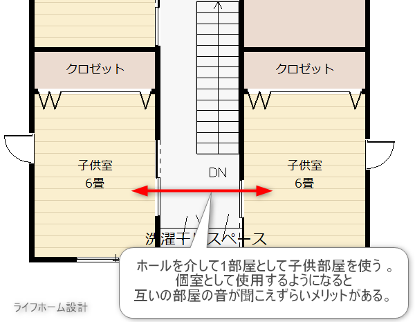 ホールを介する子供部屋の間取りの設計図面