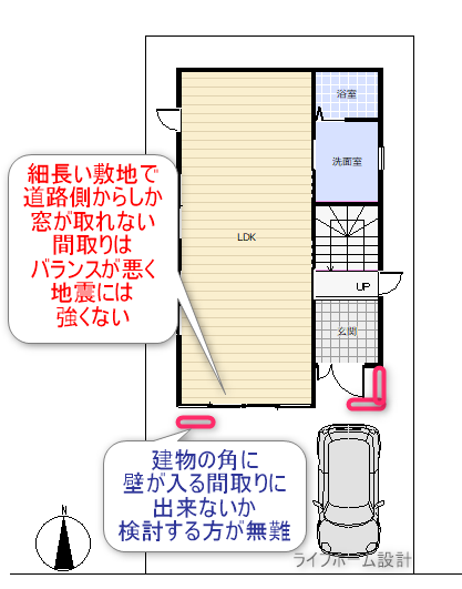 隅角部に壁のない地震に弱い間取りの改善例