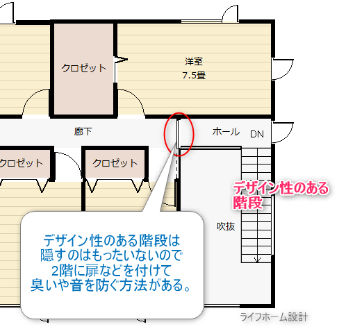 デザイン性のあるリビング階段を防音できる間取り例