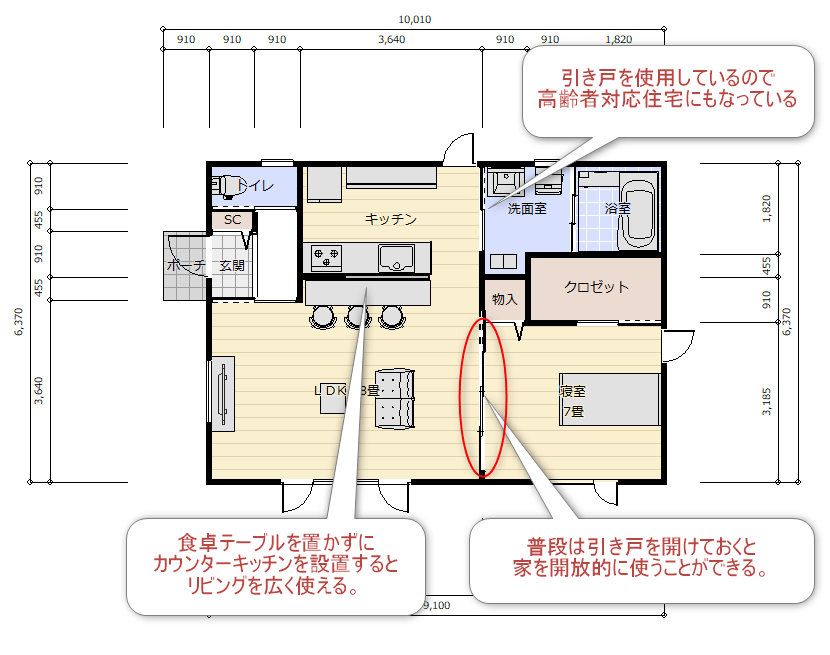 理想平屋建ての1LDKの間取り図