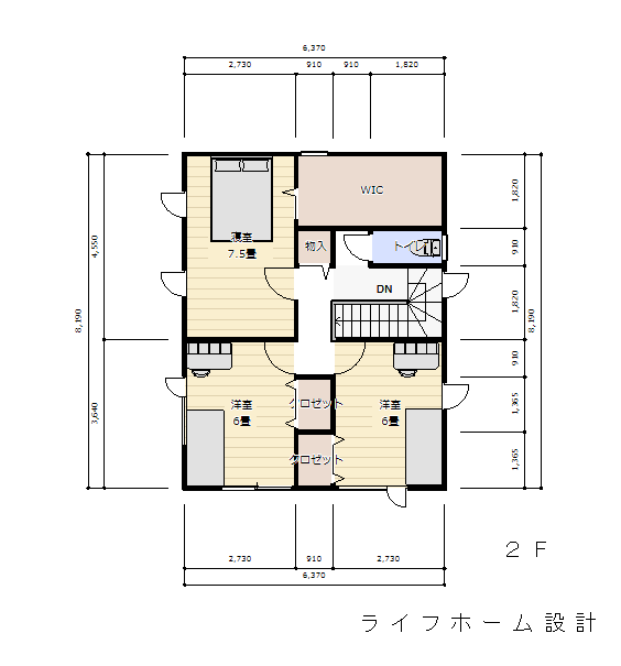 階段間取りの２F平面図