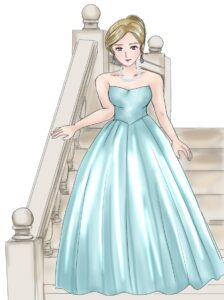 階段を下りるドレスを着た人