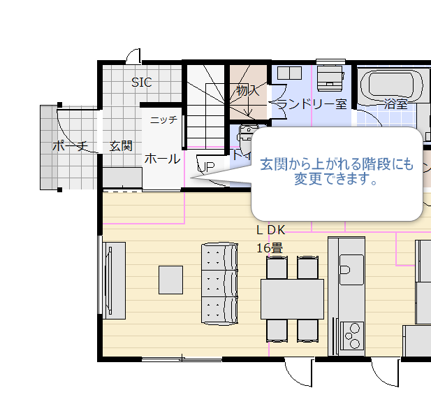 玄関から上がれる階段にした場合の変更間取り図