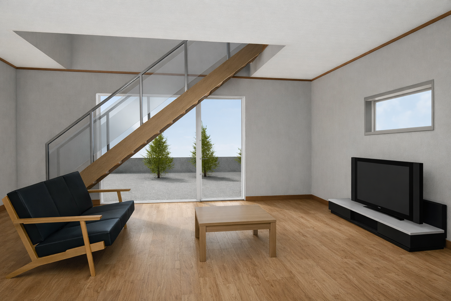 リビングの大きな窓を階段がふさいでしまっている室内パース図