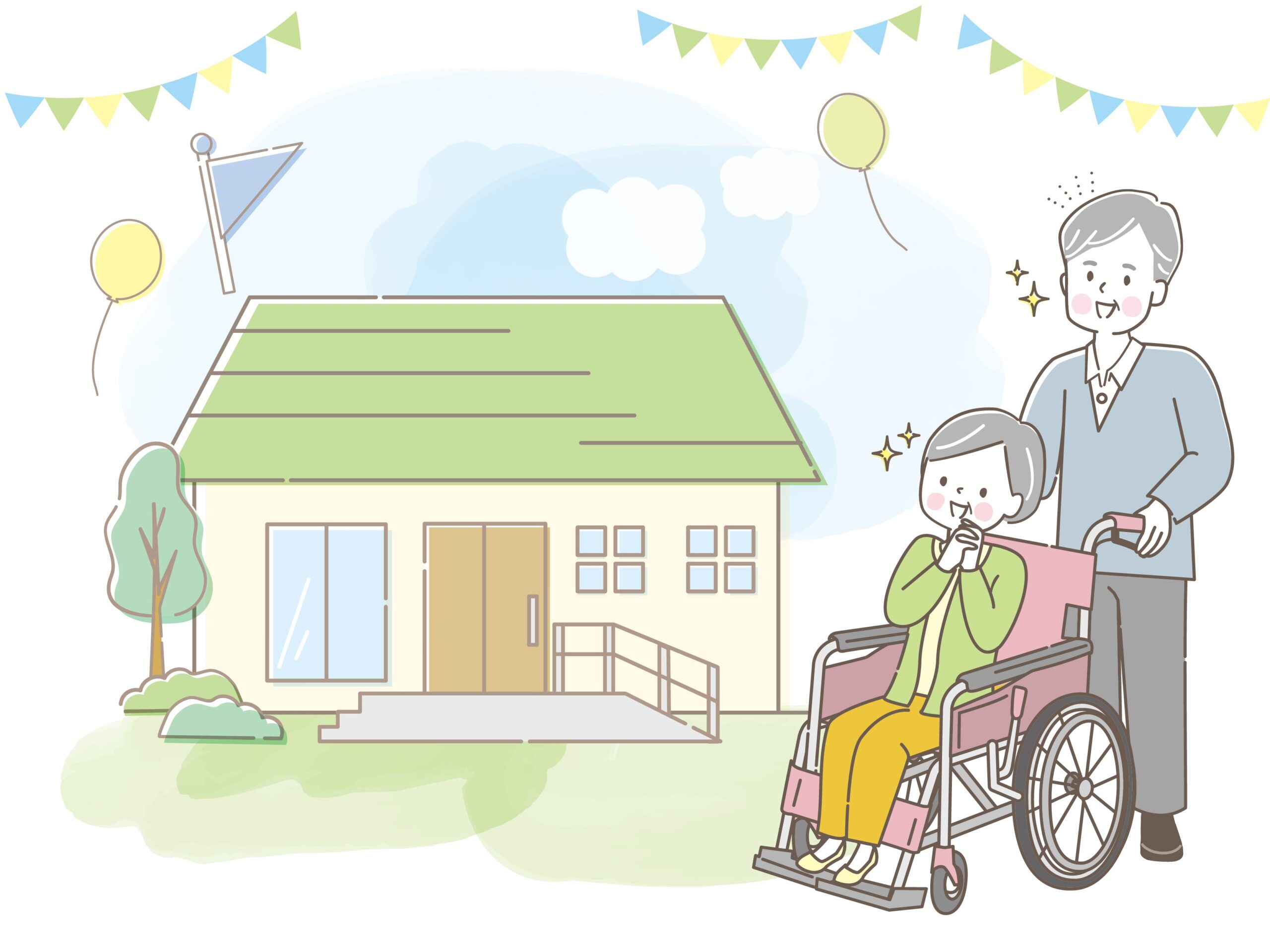 平屋の家と車いすの夫婦